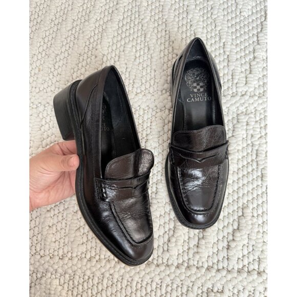 Vince Camuto Enachel Leather Black Block Heel Slip On Penny Loafer Grandmacore 6 - Picture 1 of 9